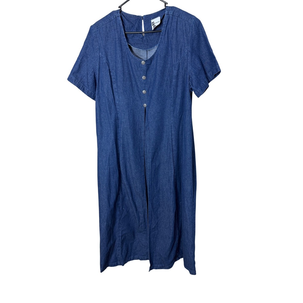 Promises Petite Vintage Blue Denim Maxi Dress Short Sleeve Split Front 90s L